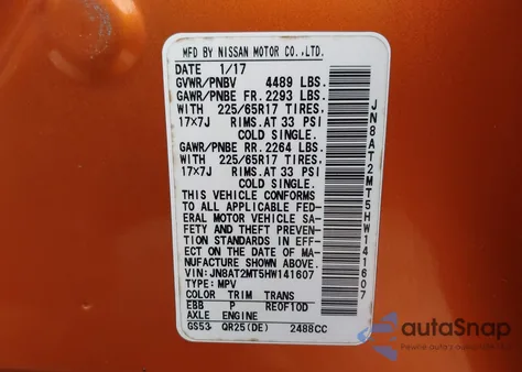 2017 Nissan Rogue S/Sl/Sv from USA, damaged, VIN JN8AT2MT5HW141607